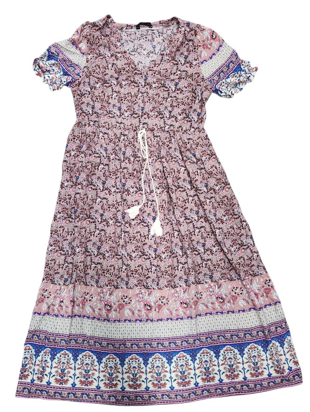 BOHO MAUVE FLORAL MAXI DRESS PUFF SLEEVE V NECK POCKETS 🌸 - Picture 3 of 7